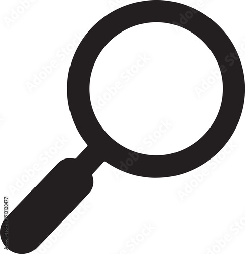 Black magnifying glass icon for search and investigation with handle on transparent background
