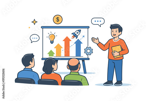 A young entrepreneur pitching their business idea to a panel of investors a dynamic scene of a founder gesturing toward a presentation board