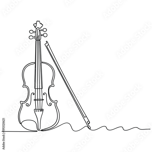 A continuous line drawing of a violin and bow resting on a surface