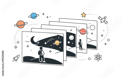 Parallel Universe Frames. Multiverse concept visualization. Parallel universes shown as layered frames or windows, slightly different but connected. Calm
