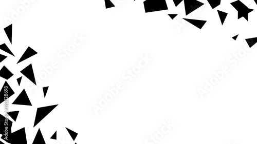 Bold abstract graphic design with an explosion of scattered black triangular elements creating a vibrant and dynamic visual effect on a bright white background, ideal for modern projects