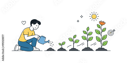 Personal growth mindset. A person watering a small plant that gradually grows upward, symbolizing patience and care. The scene feels calm,