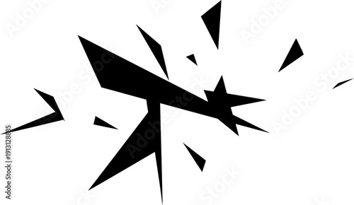 Abstract black and white explosion of sharp geometric shards and fragments, suggesting impact, disintegration, or explosive energy, on a clean white background