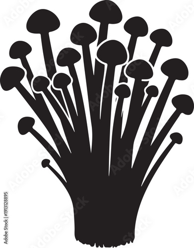 Black silhouette of multiple mushrooms growing together in a bunch on white background