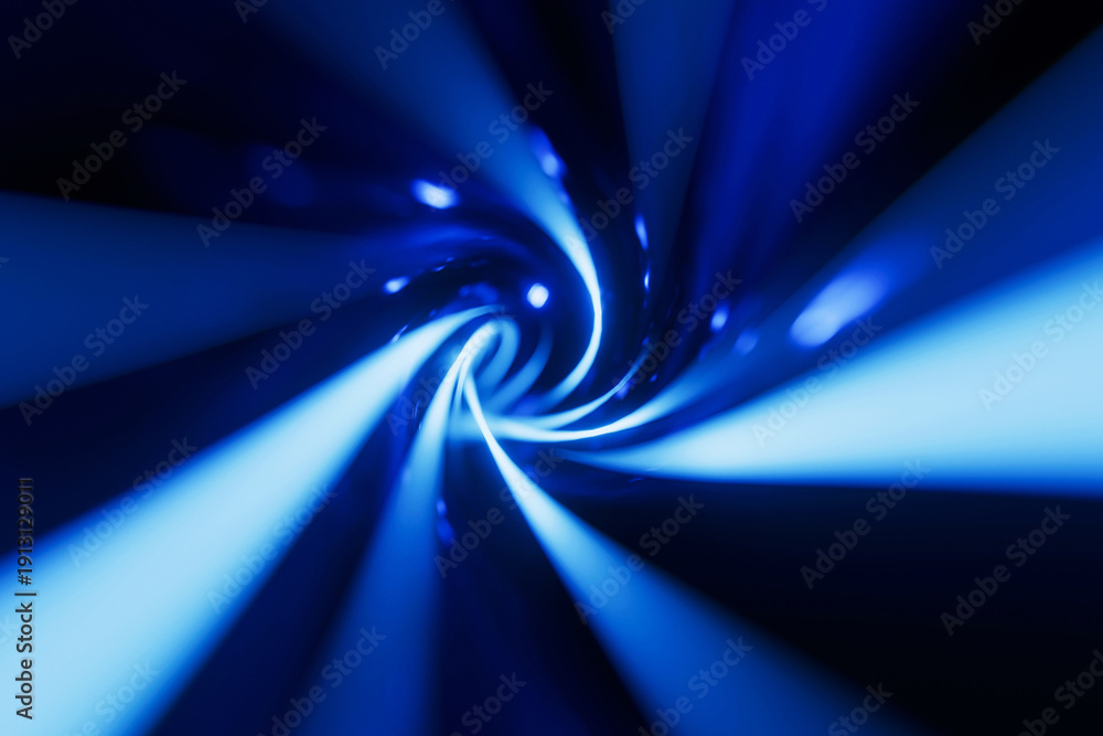 Fototapeta premium High-speed digital data transmission concept. Blue glowing fiber optic lines swirling in a dark space. Futuristic background for network connectivity, cyber security, and quantum computing
