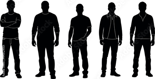 Five Men Silhouettes Standing in Casual Poses Wearing Different Outfits Isolated on White Background Vector Illustration Set for Design