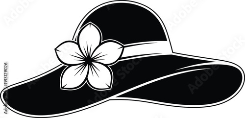 Elegant wide brim summer hat with flower decoration silhouette, vintage fashion accessory illustration isolated on white background design