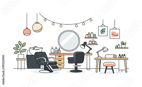 Serene Salon Ambiance. Salon ambiance lighting. Soft decorative lights combined with functional task lighting, creating a relaxing environment. Sense of