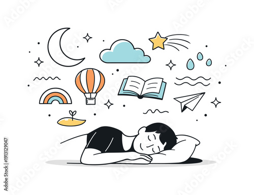 Moonlight and dreams. A symbolic editorial scene with a person resting or sleeping under moonlight, abstract dream shapes floating gently