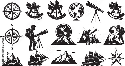 Navigation and exploration symbols in black and white icons