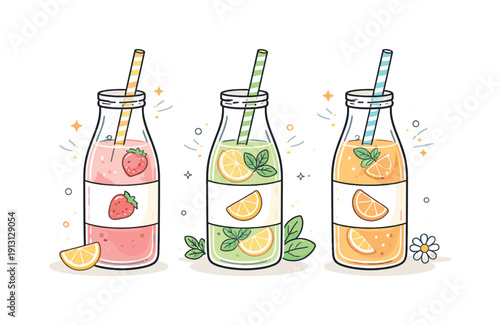 Glass drink bottles. A glass bottle with a simple label and straw, evoking fresh homemade drinks and slow living. Gentle motion lines add