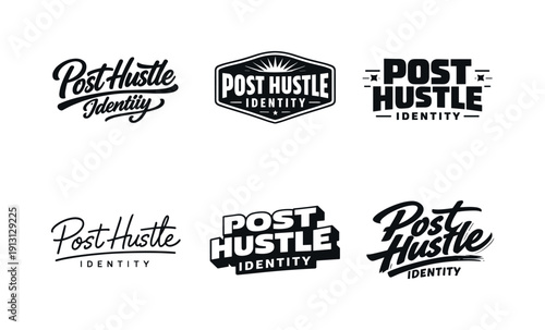    Post hustle identity. Set lettering. harmonious lettering variations of the same emblematic concept, each with different artistic