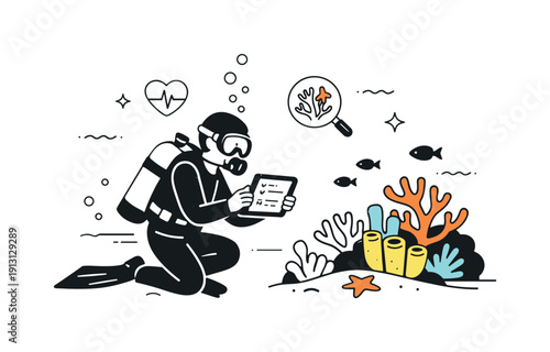 Coral reef conservation. Diver observing and documenting coral health with a tablet underwater. Calm scientific focus with gentle motion