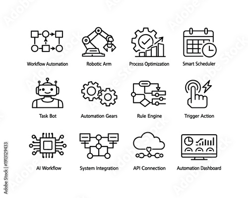 AI Automation Icons. AI Automation. Line icon set of AI Automation: workflow automation, robotic arm, process optimization, smart scheduler, task