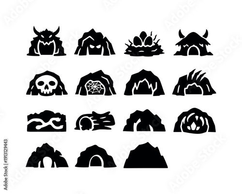 Monster Dens Icons. Monster dens. Solid icon set of monster dens: dragon lair, beast cave, monster nest, creature hideout, skull cave, web filled den, dark