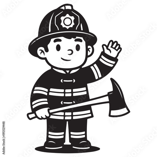 Cute Cartoon Child Firefighter Waving and Holding an Axe