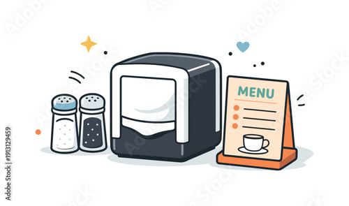 Cafe interior element. A napkin dispenser placed among minimal table items like salt, pepper, and menu card. Balanced composition