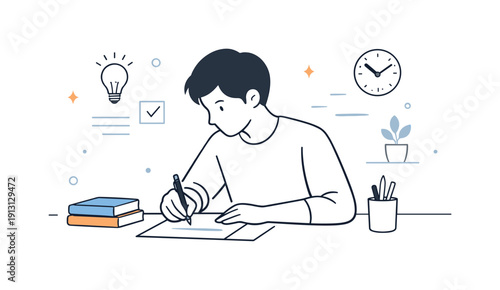 Productive work state. A person writing or drawing with steady posture, while background elements fade into simple abstract forms. The mood