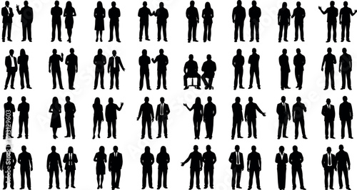 Huge set of business people silhouettes standing in pairs men and women professional corporate team meeting and partnership vector illustration collection
