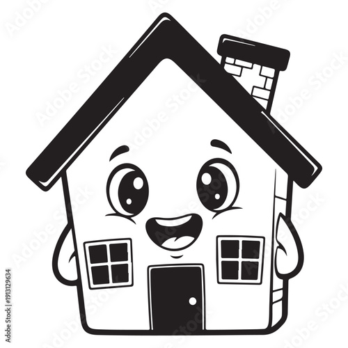 Cute Smiling House Character in Black and White Outline