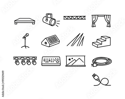    Illuminated Stage. Line icon set of Illuminated Stage: stage platform, stage spotlight, overhead truss, stage curtain, microphone stand,