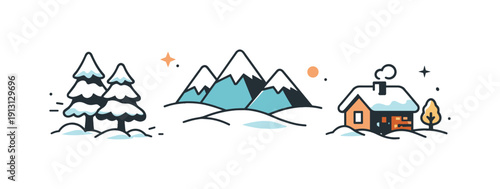 Winter holiday minimal set outdoors. Icons of snow-covered trees, mountains, and a small cabin. Peaceful winter landscape mood with clean