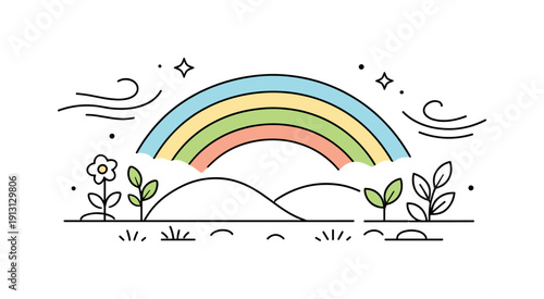 Rainbow and nature. A rainbow stretching above simple hills or plants, with gentle motion lines suggesting fresh air. The scene expresses