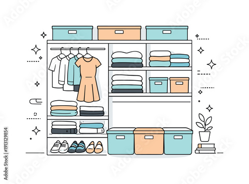 Organized wardrobe solution. A closet with matching custom-fit bins, folded clothes and shoes arranged in harmony. Balanced, stress-free mood