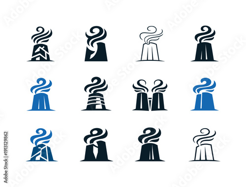    Air purification towers. Icon set. Set Logo of air purification towers: clean air swirl rising from structure. harmonious logo variations of