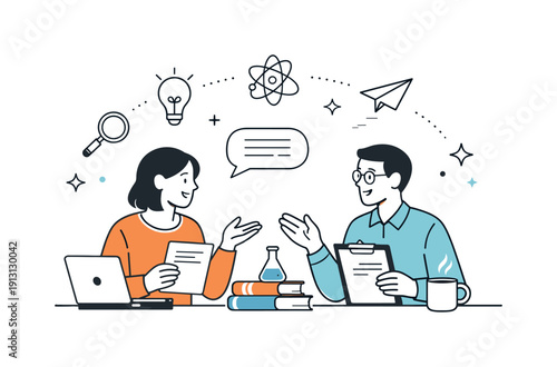 Collaborative Idea Exchange. Knowledge sharing session. Researchers exchanging ideas through conversation and documents, friendly and focused atmosphere.