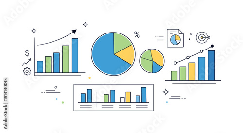    Financial graphs. Bar charts and pie charts arranged neatly on a clean surface, conveying structured financial reporting. Calm analytical