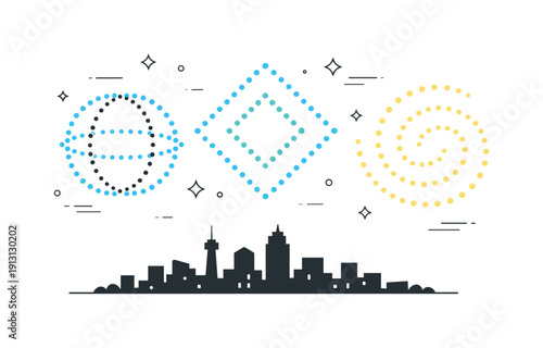 Drone art performance. Multiple drones forming elegant geometric patterns in the night sky, synchronized movement creating a calm and