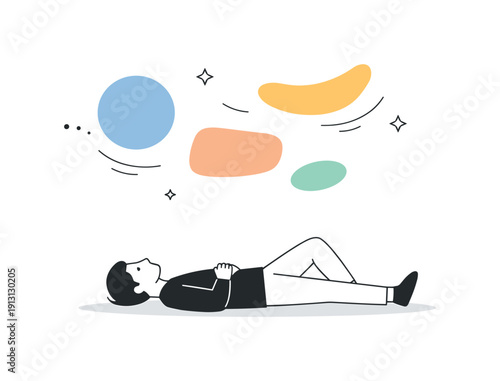 Peaceful reflection. A person lying on the floor looking upward, abstract shapes slowly drifting above. The scene communicates rest, mental