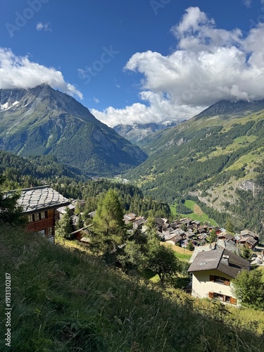 Traditional chalets with slate roofs in Swiss Alps near Arolla