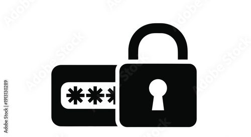 Black padlock icon with an open shackle and password symbols displayed