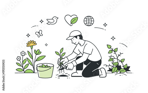 Controlling invasive plants. Person carefully removing invasive vegetation while native plants grow nearby, thoughtful and responsible