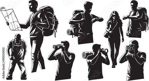 Silhouettes of people with cameras and backpacks traveling together