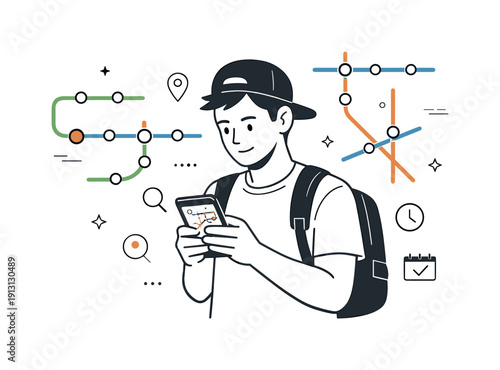 Urban transportation maps. A commuter studying a simplified city transport map on a phone, focused planning before a trip. Abstract route