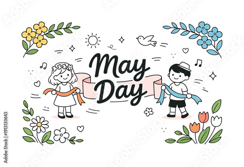 May Day celebration background. Abstract floral shapes, soft banners, and spring greenery gently framing the composition, suggesting unity,