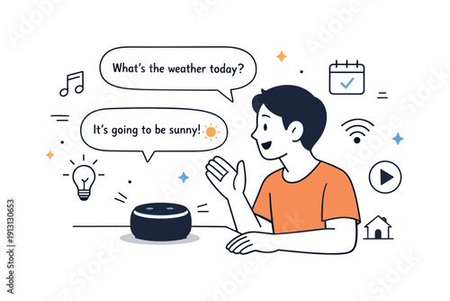 Voice assistant at home. A person speaking to a small smart speaker, with soft dialog bubbles and simple device icons around. The atmosphere