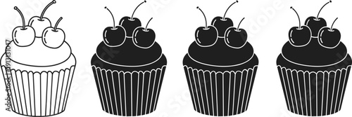 Cherry cupcake icon set, minimalist black and white dessert vector illustration isolated on white background