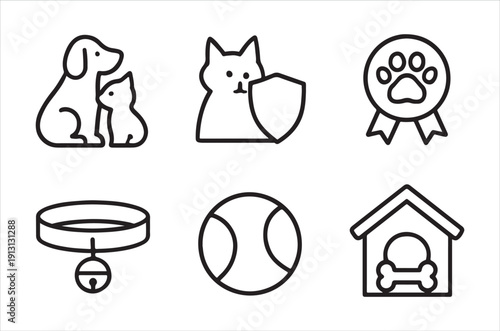 Simple line art icons depicting pets accessories and a dog house