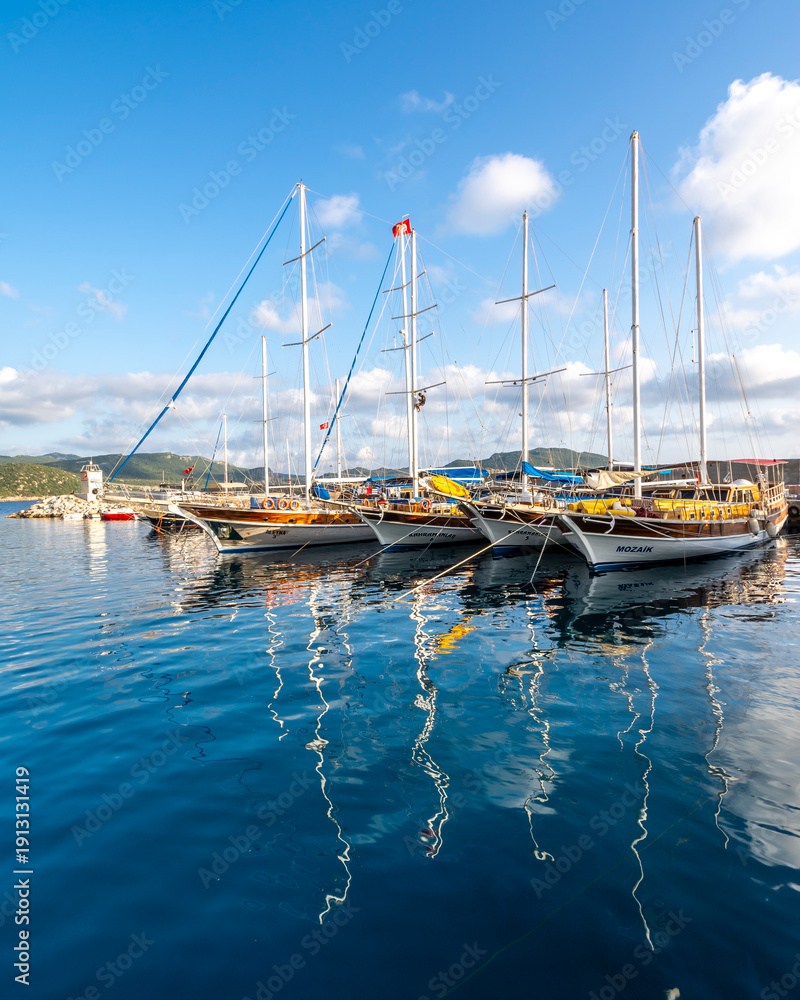 Fototapeta premium Kas, Antalya - May 15, 2015 : Kas Marina view from sea. Kas is a town on the Turkish Mediterranean coast, and an important tourist destination. 
