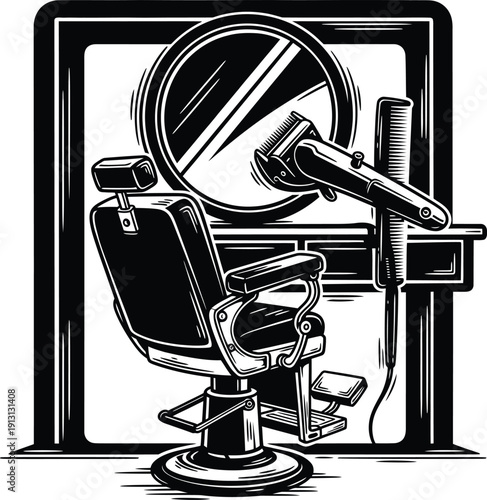 Vintage barbershop interior design with professional barber chair round mirror electric hair clipper and comb for male grooming and haircut service.