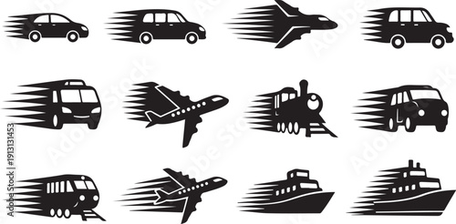 Transportation icons of cars, trains, boats, and airplanes moving
