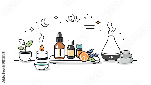 Aromatherapy and essential oils. A serene final scene showing a peaceful wellness corner with essential oils neatly arranged. Sense of calm,