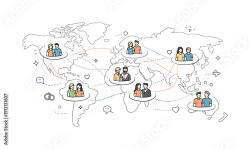 Global perspectives on romance. A world map with small couples icons placed across regions, calm and educational. Abstract lines connect