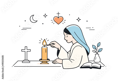 Quiet religious ritual. A person lighting a candle in a calm sacred space, gentle focus and stillness. Peaceful atmosphere, soft symbolism