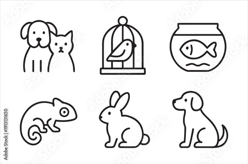 Simple line drawings of various common household pets and animals