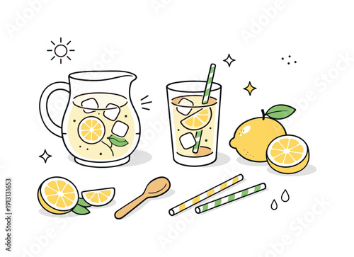 Minimalist Lemonade Flat Lay. Lemonade props. Minimal lemonade elements arranged neatly like a quiet summer flat lay. The illustration conveys freshness,